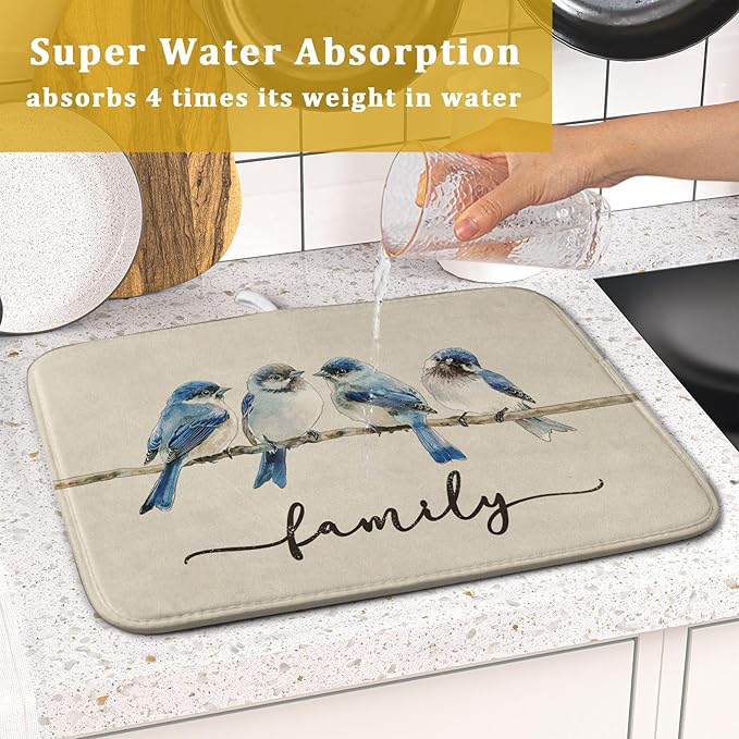 Home Blue Bird Family Dish Drying Mat for Kitchen Counter,Spring Summer Drying Mat 16 x 18 Inch with Absorbent Reversible Microfiber Drying Pad for Coffee Bar - Image 7