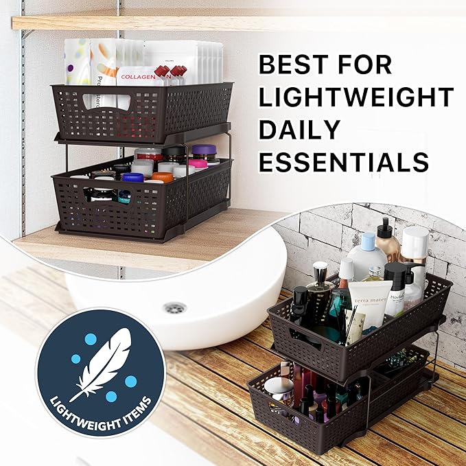 Simple Houseware 2 Tier Bathroom Organizer Tray Pull-Out Sliding Drawer, Under Sink Storage, Brown - Image 8