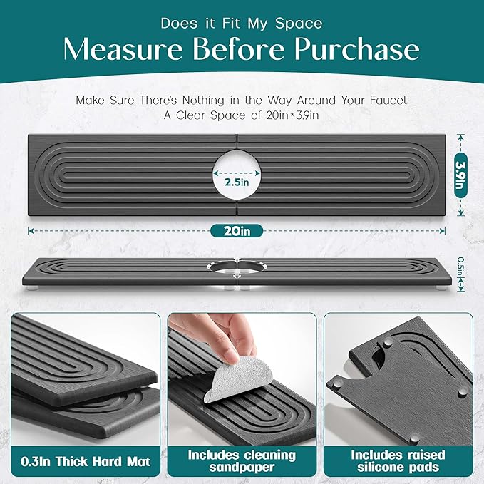 eormoe Diatomite Stone Sink Candy - Instant Dry Stone Sink Tray around Faucet, Prevents Moisture Buildup - Faucet Splash Guard for Bathroom Counter (Dark Grey, 20" x 3.9") - Image 2