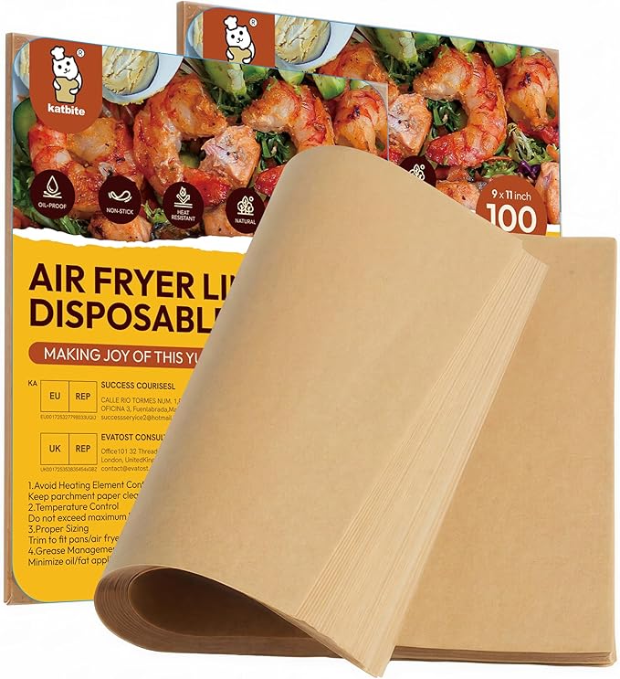 Katbite Air Fryer Disposable Paper Liners 200 Pcs, 9x11 Inch, Oil Resistant & Easy Clean, Non-stick Rectangular Paper Sheets Basket Liner for Toaster Oven Xl Air Fryer by katbite