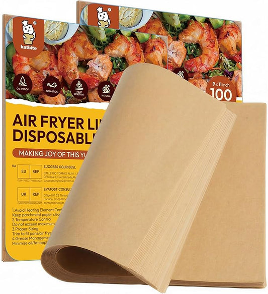 Katbite Air Fryer Disposable Paper Liners 200 Pcs, 9x11 Inch, Oil Resistant & Easy Clean, Non-stick Rectangular Paper Sheets Basket Liner for Toaster Oven Xl Air Fryer by katbite