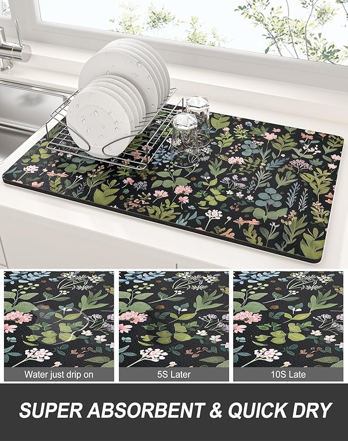 Rnivvi Dish Drying Mat for Kitchen Counter, XL 15 x 24" Cute Flower Theme Super Absorbent Drainer Pad, Non-Slip Heat Resistant Coffee Bar Mat for Coffee Machine Station Accessories,Black Dish Rack Pad - Image 3