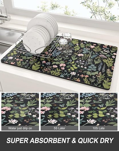 Rnivvi Dish Drying Mat for Kitchen Counter, XL 15 x 24" Cute Flower Theme Super Absorbent Drainer Pad, Non-Slip Heat Resistant Coffee Bar Mat for Coffee Machine Station Accessories,Black Dish Rack Pad - Image 3