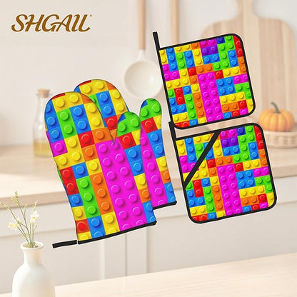 Autism Jigsaw Puzzle Oven Mitts & Potholder Set of 4 - Heat Resistant Kitchen Gloves Hot Pads for Baking, Cooking, Gifts for Women