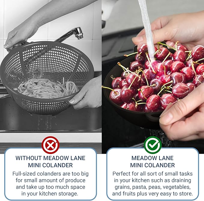 Meadow Lane 6-inch Small Colander, BPA-Free, Dishwasher Safe, Double Handles, Compact Food Strainer for Berries, Veggies and Pasta, 3-Cup Capacity, Glossy Black - Image 7