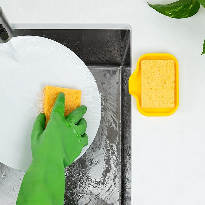 Zulay Kitchen Small Silicone Sponge Holder (4.9x3.3”) – Space-Saving Sink Organizer Tray for Sponge, Soap, Brush & More – Compact Non-Slip Dish for Kitchen & Bathroom (Yellow) - Image 3