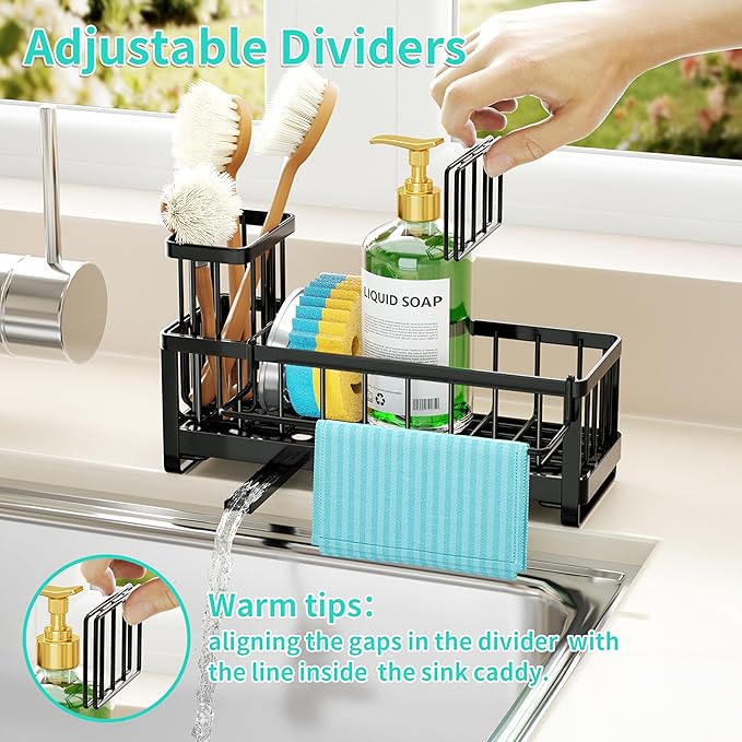 HapiRm Sponge Holder for Kitchen Sink - Self-draining Sink Caddy with Brush and Dishcloth Holders, Stainless Steel Kitchen Countertop Organizers and Storage Essentials - Black - Image 4