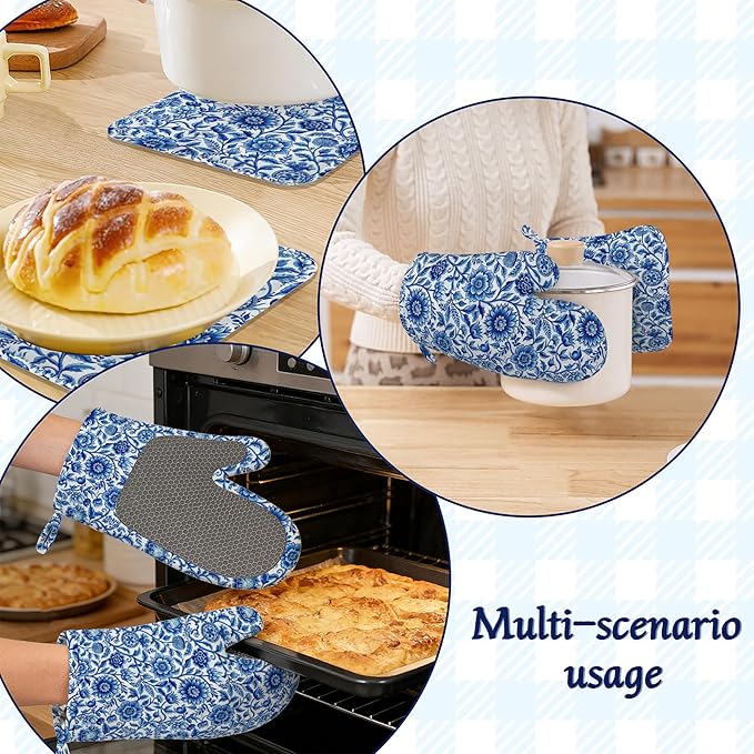 Oven Mitts and Pot Holders Sets Blue White Floral Silicone Kitchen Mits Potholders Vintage Flowers Heat Resistant 4Pcs Oven Gloves Hot Pads for Baking Cooking BBQ Grilling Home Decor