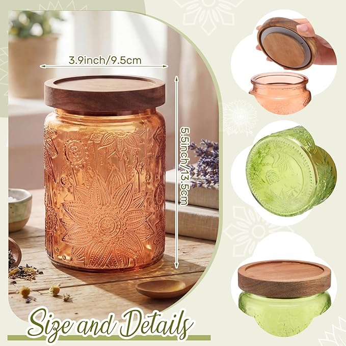 Willinglong 2 Pack 23.7oz Colored Vintage Glass Storage Jars with Wooden Lids Embossed Floral Decorative Canisters for Kitchen Countertop Airtight Container for Sugar Cookie Coffee Tea(Green, Brown) - Image 5