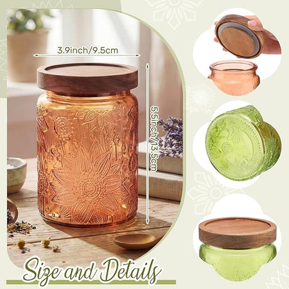 Willinglong 2 Pack 23.7oz Colored Vintage Glass Storage Jars with Wooden Lids Embossed Floral Decorative Canisters for Kitchen Countertop Airtight Container for Sugar Cookie Coffee Tea(Green, Brown) - Image 5
