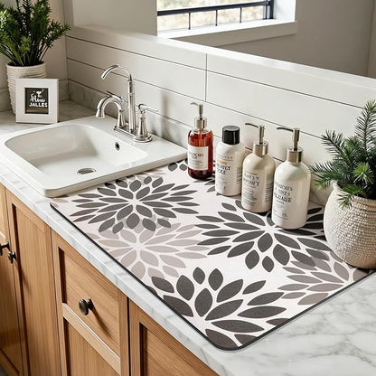 Findosom Floral Dish Drying Mat, 16" x 24" Super Absorbent & Hide Stain Coffee Mat, Cuttable Drying Mat for Kitchen Counter, Under Dish Rack, Coffee Maker, Espresso Machine, Dark Gray