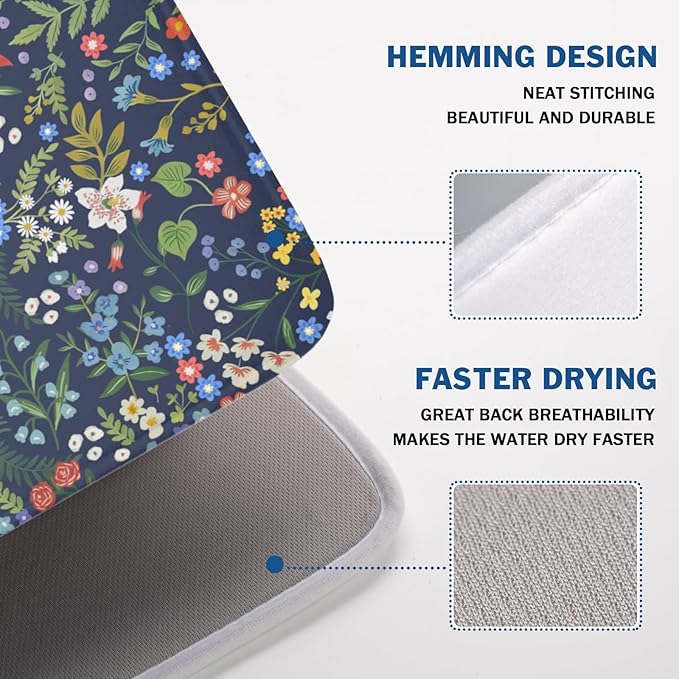 Flower Floral Dish Drying Mat 18x24 inch Microfiber Navy Blue Drying Mats with Hanging Loop Absorbent Green Leaves Dish Drainer Mat Reversible Flowers Drying Pad for Kitchen Counter Sink - Image 7