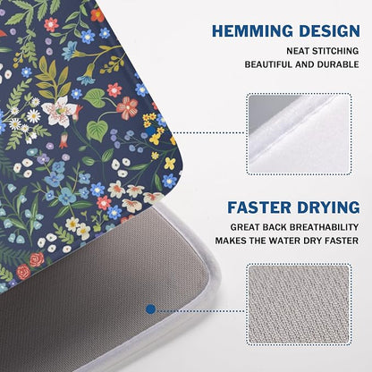 Flower Floral Dish Drying Mat 18x24 inch Microfiber Navy Blue Drying Mats with Hanging Loop Absorbent Green Leaves Dish Drainer Mat Reversible Flowers Drying Pad for Kitchen Counter Sink - Image 7