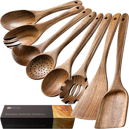 Wooden Spoons for Cooking, Nonstick Cooking Utensil Set with 8 Piece Acacia Wooden Spatulas and Spoons for Cooking, Terrific for Everyday Kitchen Tasks by HEFILD