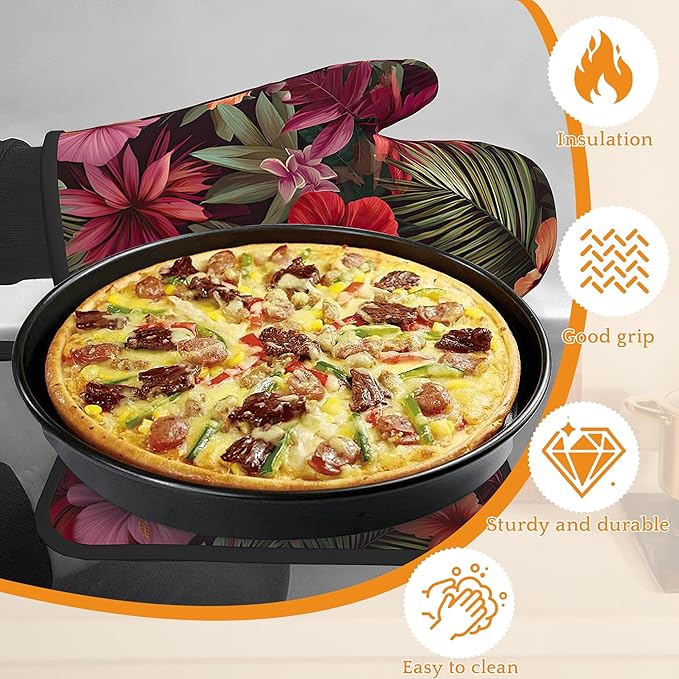 Tropical Palm Leaf Oven Mitts and Pot Holders Set,Hibiscus Kitchen Oven Gloves and Pot Holder with Heat Resistant Non Slip for Cooking Baking Grilling(4 Piece Set)
