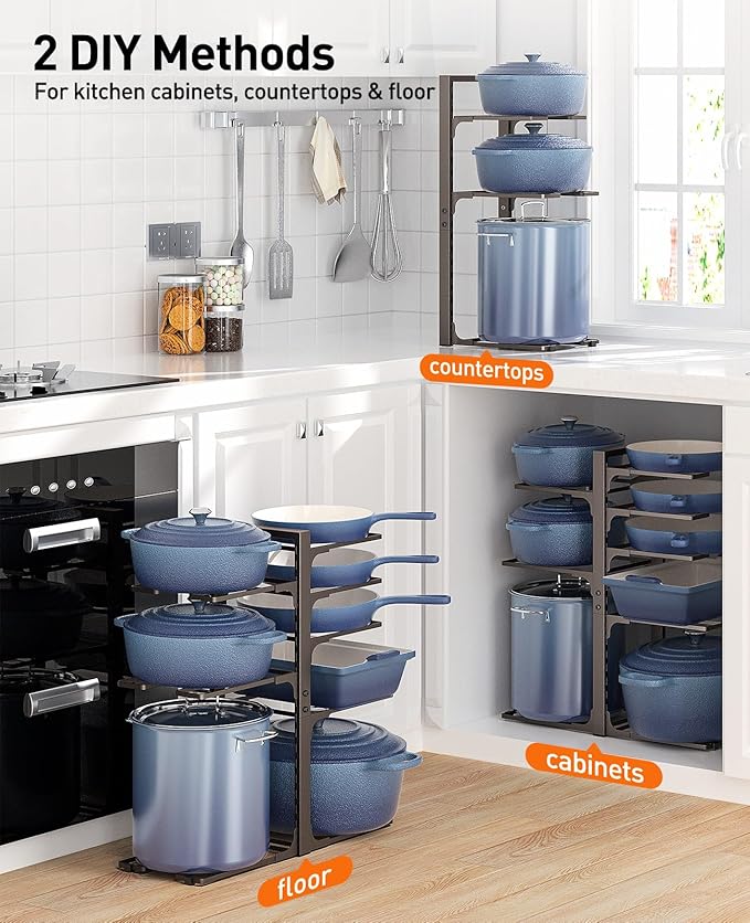 ORDORA Pots and Pans Organizer under Cabinet, 20.8" Height Heavy Duty 120LBS Pots Pans Organizer Rack for Cabinet 8-Tier Adjustable for Big Stockpots, Dutch Oven, Cast-iron Pan, Heavy Cookware, Bronze - Image 5