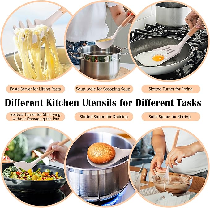 HaWare Kitchen Cooking Utensils Set, 23-Piece Silicone Kitchen Utensils Spatula Set with Holder, Heat Resistant Wooden Handle Kitchen Gadget for Nonstick Cookware, Food-grade Turner Spoon Sets (Khaki) - Image 5