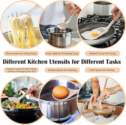 HaWare Kitchen Cooking Utensils Set, 23-Piece Silicone Kitchen Utensils Spatula Set with Holder, Heat Resistant Wooden Handle Kitchen Gadget for Nonstick Cookware, Food-grade Turner Spoon Sets (Khaki) - Image 5