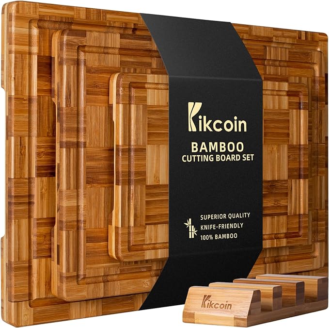 Kikcoin Extra Large Bamboo Cutting Boards, (Set of 3) Chopping Boards with Juice Groove Bamboo Wood Cutting Board Set Butcher Block for Kitchen, End Grain Serving Tray by Kikcoin