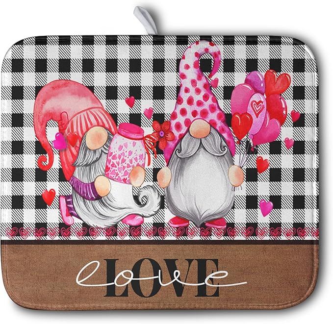 Valentine's Day Dish Drying Mats for Kitchen Counter, Gnome Love Kitchen Drying Mat, Buffalo Plaid Dish Drainer Mat Absorbent Quick Dry Dishes Pad 16 x 18 In - Farmhouse Decor Valentines Gift by Kwlegh