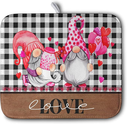 Valentine's Day Dish Drying Mats for Kitchen Counter, Gnome Love Kitchen Drying Mat, Buffalo Plaid Dish Drainer Mat Absorbent Quick Dry Dishes Pad 16 x 18 In - Farmhouse Decor Valentines Gift by Kwlegh