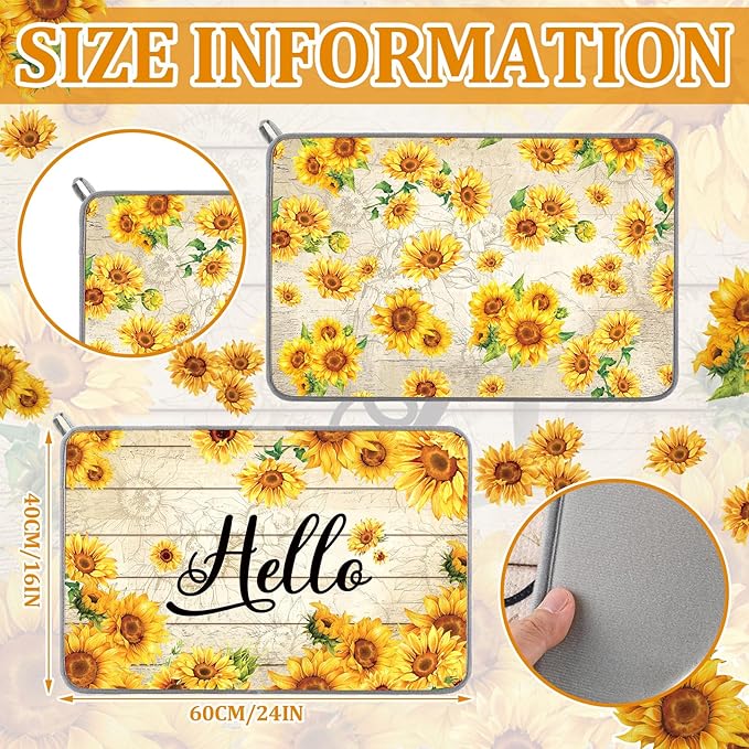 Zonon Dish Drying Mat for Kitchen Counter 16 x 24 Microfiber Absorbent Dish Drainer Rack Pads Fast Dry Mat Vintage Kitchen Decorations(Yellow,16" X 24",Sunflower) - Image 3