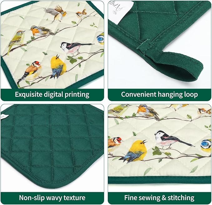 Bird Branch Oven Mitts and Pot Holders Sets 4Pcs, 100% Cotton Heat Resistant, Extra Long Oven Gloves Potholder for Kitchen Cooking Baking Decoration, Housewarming Gifts for Mom - Image 3
