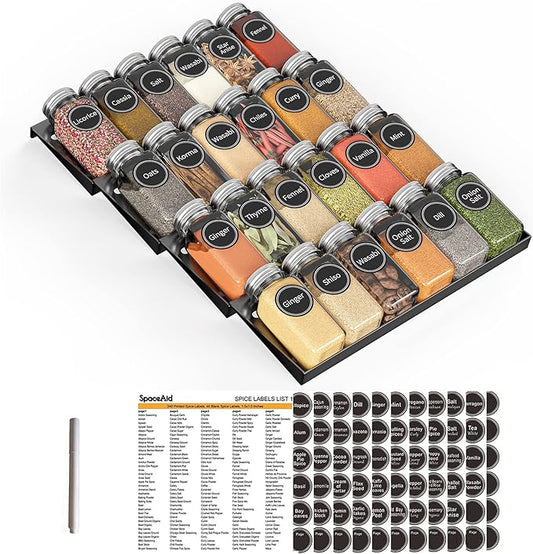SpaceAid Spice Drawer Organizer with 24 Spice Jars, 386 Spice Labels, 4 Tier Seasoning Rack Tray Insert for Kitchen Drawers, 11.25" Wide x 17.5" Deep by SpaceAid