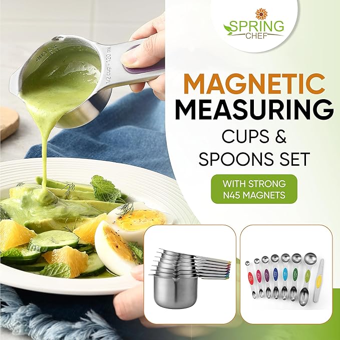Spring Chef Magnetic Measuring Cups & Spoons Set, Patented, Strong N45 Magnets, Heavy Duty Stainless Steel Fits in Spice Jars for Baking & Cooking, BPA Free, Set of 15 with Leveler, Multicolor - Image 3