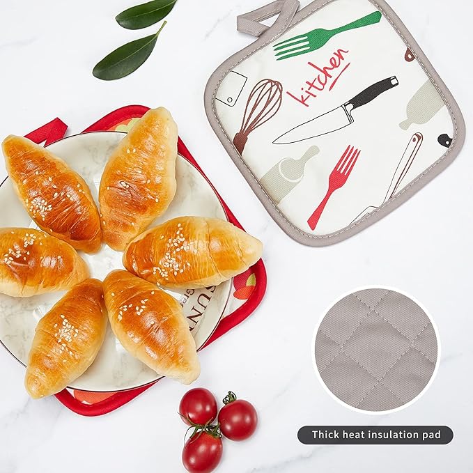 Oven Mitts and Potholders Dish Towles Set 100% Cotton for Perfect for Gifting, Baking, and Everyday Cooking Durable Heat Resistant for Kitchen and Machine Washable (3-Piece Fork and Knife) - Image 7
