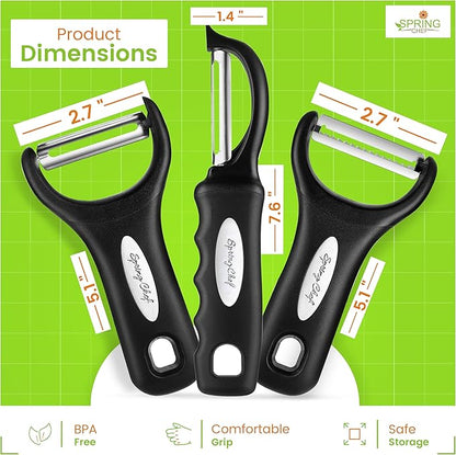 Spring Chef Vegetable Peelers for Kitchen - Stainless Steel Swivel, Y & Julienne Peelers, Potato Peelers with Soft Grip Handles, Kitchen Utensils Set of 3 for Fruits, Veggies, Apples, Carrots - Image 3