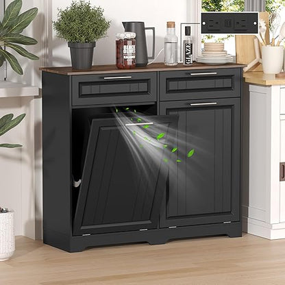 Double 10 Gallon Tilt Out Trash Can Cabinet with Deodorizing Function and Power Outlet, Wooden Hidden Garbage Can Holder with 2 Storage Drawers for Kitchen, Laundry Hamper Cabinet for Bathroom, Black