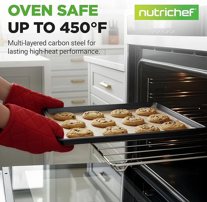 NutriChef 2-Piece XL Mega Cookie Sheet Baking Pans Set - 22" x 16" Extra Large Nonstick Carbon Steel Oven Baking Tray Pans, Stackable Bakeware, Black - NCLGBP16