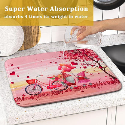 Pink Heart Valentine's Day Gnomes Dish Drying Mat for Kitchen Counter,Pink Bicycle Love Tree Drying Mat 16 x 18 Inch with Absorbent Reversible Microfiber Dish Drying Pad Dish Rack Pad for Coffee Bar - Image 7