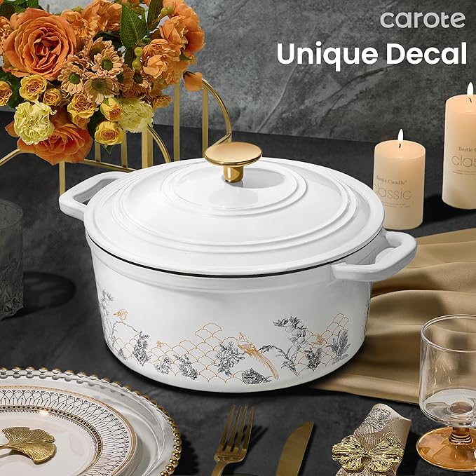 CAROTE 5QT Cast Iron Dutch Oven Pot with Lid, Enameled Floral Dutch Ovens with Gift Box, Cast Iron Pot for Sourdough Bread Baking, Braising, Stews, Roasting, Dual Handles, Healthy & Non-Toxic, All Stovetop Compatible, Oven Safe up to 500° F, White - Image 7