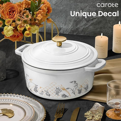 CAROTE 5QT Cast Iron Dutch Oven Pot with Lid, Enameled Floral Dutch Ovens with Gift Box, Cast Iron Pot for Sourdough Bread Baking, Braising, Stews, Roasting, Dual Handles, Healthy & Non-Toxic, All Stovetop Compatible, Oven Safe up to 500° F, White - Image 7