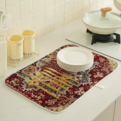 Burgundy Red Dish Drying Mat 18 x 24 inch Bohemian Rug Carpet Decorative Drying Mats Microfiber Absorbent Boho Dish Washable Draining Mat for Kitchen Counter Decor