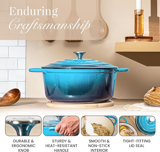 Cast Iron Dutch Oven with Lid – Non-Stick Ovenproof Enamelled Casserole Pot – Sturdy Dutch Oven Cookware – Blue, 7.3-Quart, 30cm – by Nuovva - Image 7