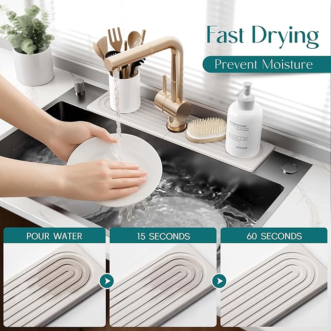Large Faucet Mat for Kitchen Sink - Stone Drying Mat for Kitchen Counter, Diatomite Fast Drying Stone Sink Tray, Super Absorbent, Stylish Decor and Protector for Bathroom (Light Grey, 23.6" x 5.5") - Image 3