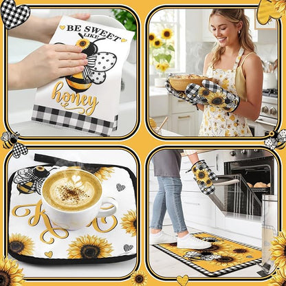 Fourluoo 10 Pcs Bee Kitchen Decor Set Kitchen Towels Rugs Oven Mitts and Pot Holders for Bee Festival Cooking Baking Grilling Gift