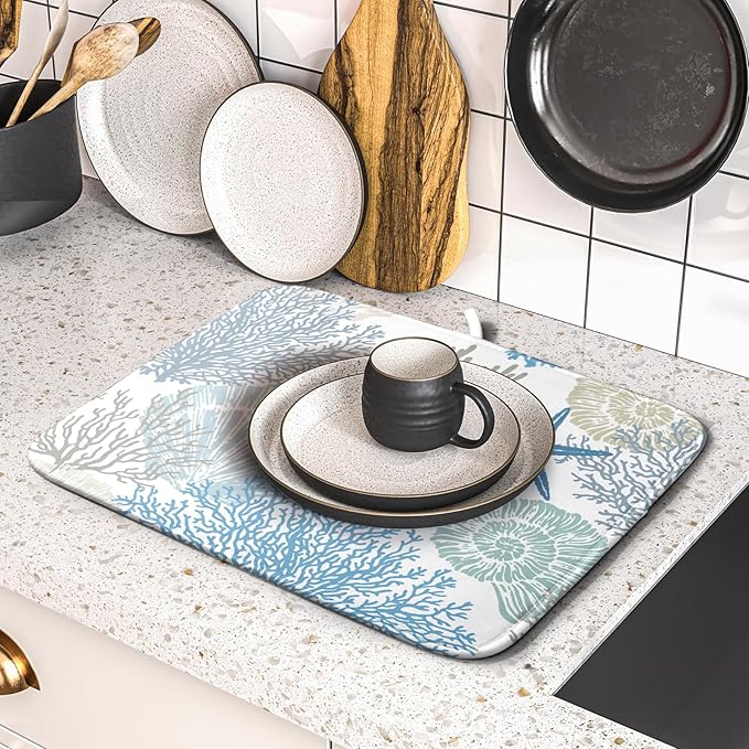 Nautical Dish Drying Mat for Kitchen Counter Coastal Seashell Starfish Summer Microfiber Absorbent Dish Draining Reusable Washable Foldable 16"x18" - Image 5
