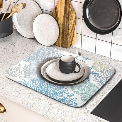Nautical Dish Drying Mat for Kitchen Counter Coastal Seashell Starfish Summer Microfiber Absorbent Dish Draining Reusable Washable Foldable 16"x18" - Image 5