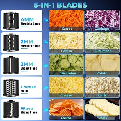 5-IN-1 Electric Cheese Grater, 800W Stainless Steel Electric Salad Machine, 3S Efficient Cutting, Electric Cheese Grater for Block Cheese, Potato, Carrot, Cabbage, Fruits, Nuts（Silver）