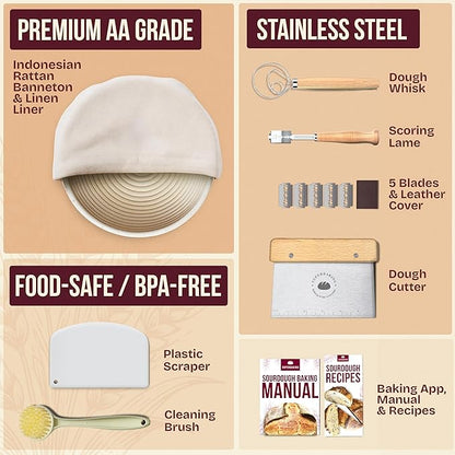 Superbaking Banneton Bread Proofing Basket, Sourdough Bread Baking Supplies, Round 9 Inch Sourdough Starter Kit, Proofing Basket for Baking, Bread Making Supplies Tools, Banneton Basket Gift Set - Image 3