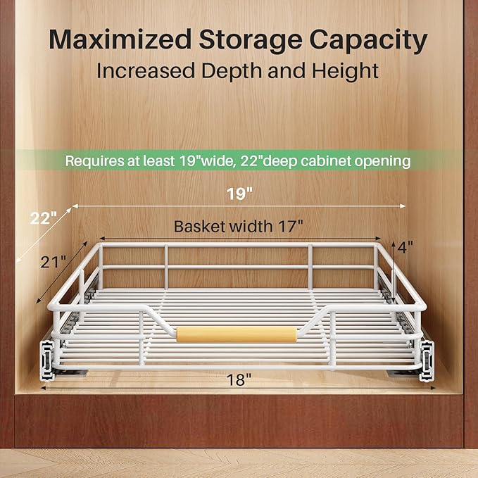 Pull out Cabinet Organizer, 18"W X 21"D, Heavy Duty Smooth Sliding Under Cabinet Shelves for Pots and Pans, Full-Extension Roll out Drawers, Slide out Organization for Home Kitchen Pantry, White - Image 3