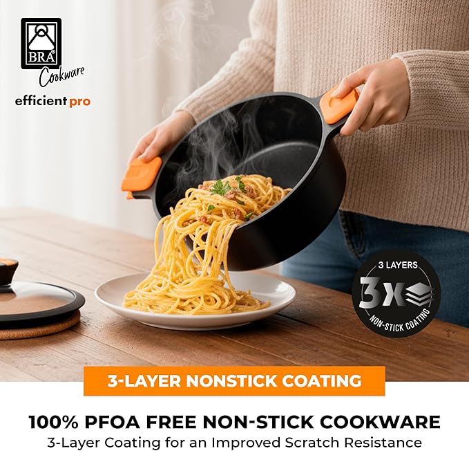 BRA COOKWARE Efficient Pro Nonstick Stock Pot w/Lid | 9.5 Inch 4.2 Quart Cooking Pot | 3-Layer Scratch Resistant Coating | PFOA Free Deep Pot | All Cooktops | Oven Safe up to 425°F (w/o Lid-Handles)