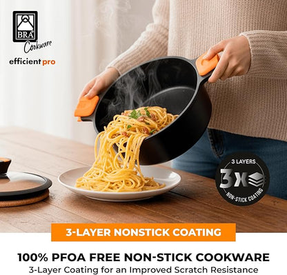 BRA COOKWARE Efficient Pro Nonstick Stock Pot w/Lid | 9.5 Inch 4.2 Quart Cooking Pot | 3-Layer Scratch Resistant Coating | PFOA Free Deep Pot | All Cooktops | Oven Safe up to 425°F (w/o Lid-Handles)