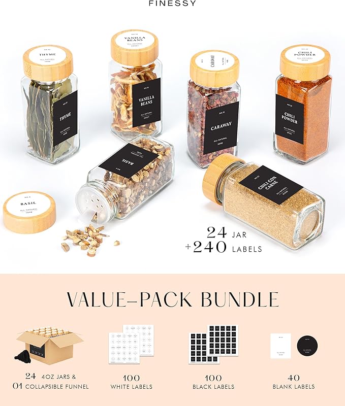 Bamboo Glass Spice Jars with Label and Shaker Lids Clear Empty 4oz 24 Pack Bottles Set, Square Glass Spice Containers with Labels Black, Seasoning Organizer Jars, Seasoning Containers with Labels Set - Image 5