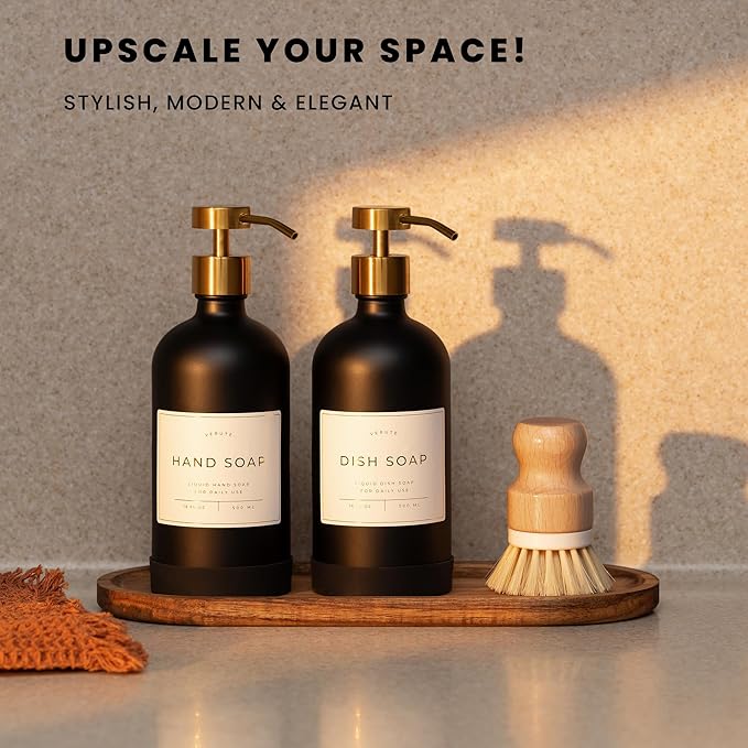 Hand and Dish Soap Dispenser for Kitchen and Bathroom, Set of 2 16 Oz Glass Bottles, Stainless Steel Pumps, Non-Slip Silicone Base, 27 Waterproof Labels (Matte Black Bottle/Brushed Gold Pump) - Image 3