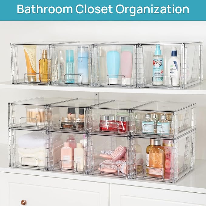 Vtopmart 4 Pack Large Stackable Storage Drawers,Easily Assemble Acrylic Bathroom Closet Undersink Organizers and Storage,Plastic Bins for Kitchen Cabinets,Pantry,Makeup,Medicine Organization - Image 5